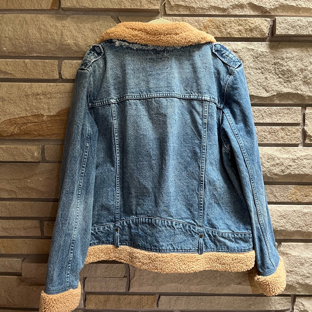 Free People We The Free Rylee Cozy Moto Jacket Denim Shearling Blue Tan XL - Picture 4 of 15